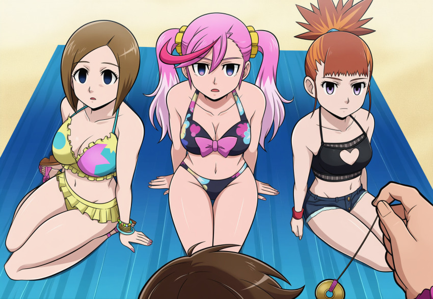 ai_art beach bikini bow bracelet brown_hair digimon empty_eyes eri_karan expressionless femsub hellsing002_(generator) kari_kamiya maledom pendulum pink_hair rika_nonaka scrunchie sitting swimsuit towel