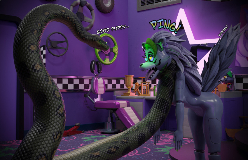 3d breasts coils disney femsub five_nights_at_freddy&#039;s five_nights_at_freddy&#039;s:_security_breach furry green_hair itsybitsystories kaa kaa_eyes lipstick makeup maledom nude purple_hair robot robot_girl roxanne_wolf silver_hair snake tagme the_jungle_book wolf_girl