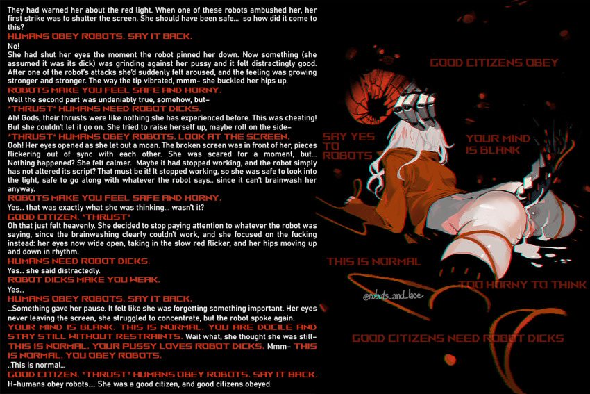 ass black_background bottomless caption caption_only criticality_(robots_&amp;_lace) cum cum_in_pussy cum_on_body erection femsub hypnotic_screen lying penis prosthetic_limb pussy ratio_(robots_&amp;_lace) resisting robot robots_&amp;_lace rope sarah_stone sex size_difference spottyraccoon_(manipper) spread_legs tech_control text white_hair