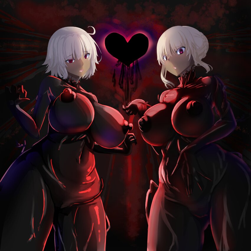 absurdres ahoge angra_mainyu blonde_hair bodysuit braid breasts cameltoe clothed clothed_exposure collarbone corruption erect_nipples erect_nipples_under_clothes eye_color_change eyebrows_visible_through_hair fate/grand_order fate/stay_night fate_(series) femsub happy_trance heart_eyes huge_breasts jeanne_alter large_nipples looking_at_viewer multiple_girls multiple_subs nipples preview red_eyes saber_alter scared short_hair smile symbol_in_eyes tight_clothing white_hair yabaiviper