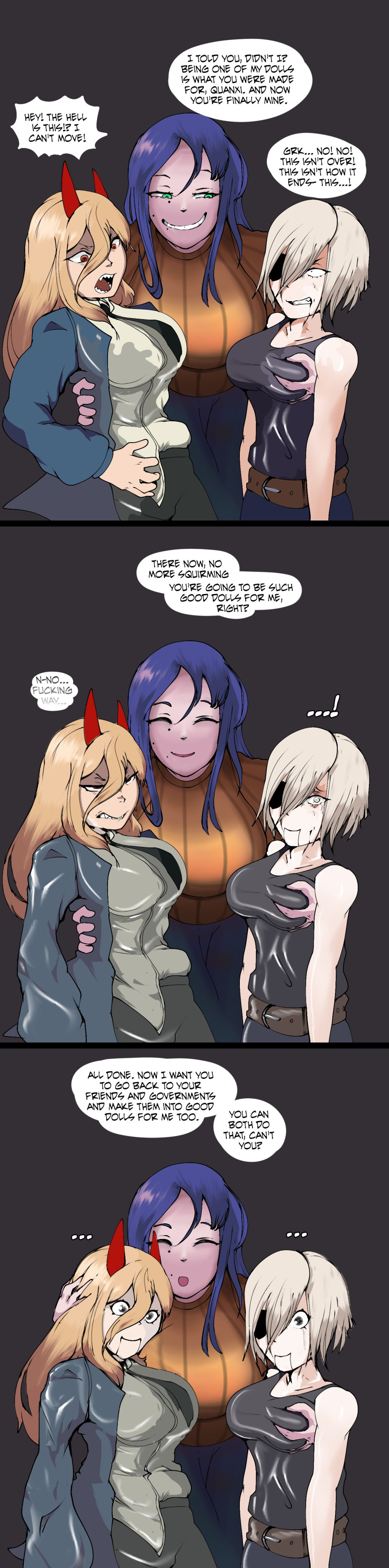 angry blonde_hair blue_hair breast_grab chainsaw_man closed_eyes clothed demon demon_girl dialogue english_text eyepatch faetomi female_only femdom femsub green_eyes groping horns long_hair mole multiple_girls power_(chainsaw_man) puppet puppetization quanxi_(chainsaw_man) red_eyes santa_claus_(chainsaw_man) scared short_hair tears text transformation white_hair