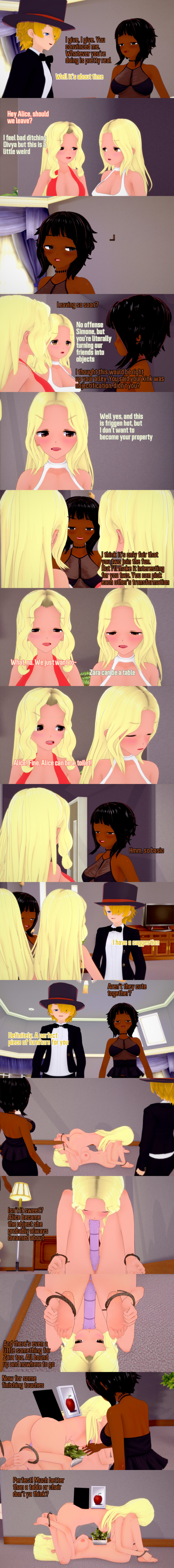 absurdres alice_(veritas) black_eyes blonde_hair blue_eyes breasts brown_eyes closed_eyes dark_skin dialogue dildo english_text femdom femsub hair_covering_one_eye human_furniture long_hair magician maledom matthew_(veritas) multiple_doms multiple_girls multiple_subs nipples nude phone sex_toy short_hair simone_(veritas) text twins veritas zara_(veritas) zenin1