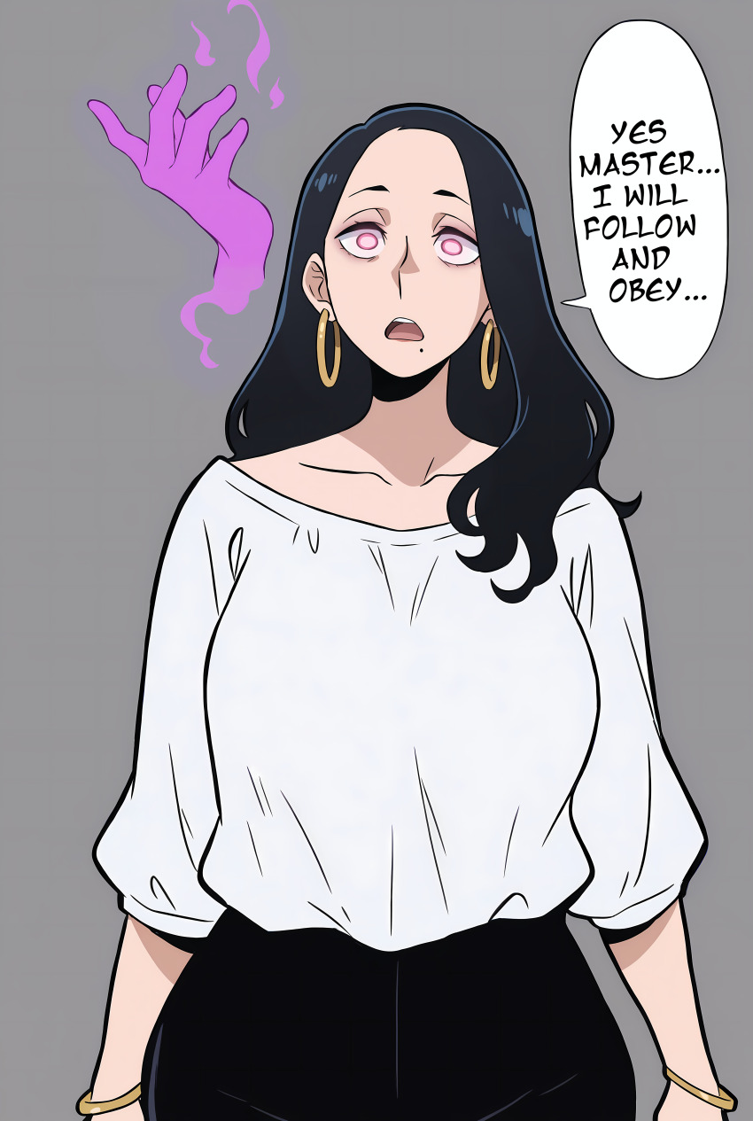 ai_art black_hair bracelet collarbone earrings expressionless female_only femsub glowing glowing_eyes grey_background long_hair makoto_tsukauchi maledom manip minimimic_(generator) minimimic_(manipper) mole my_hero_academia my_hero_academia:_vigilantes open_mouth pants pink_eyes shirt simple_background text