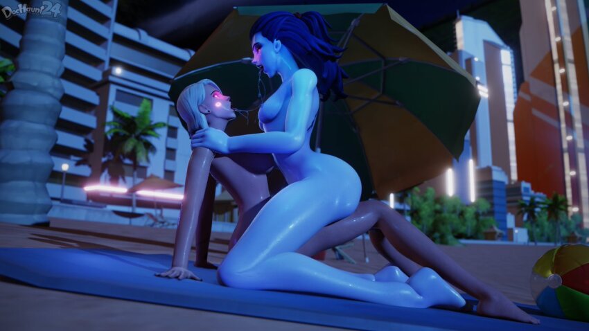 3d ashe_(overwatch) beach blue_hair blue_skin breasts comic corruption cowboy_hat dialogue dochaunt earrings female_only femdom femsub glowing glowing_eyes hypnotic_lipstick multiple_girls overwatch purple_eyes small_breasts spit_trail sunglasses tattoo tongue tongue_out topless undressing watermark white_hair widowmaker yuri