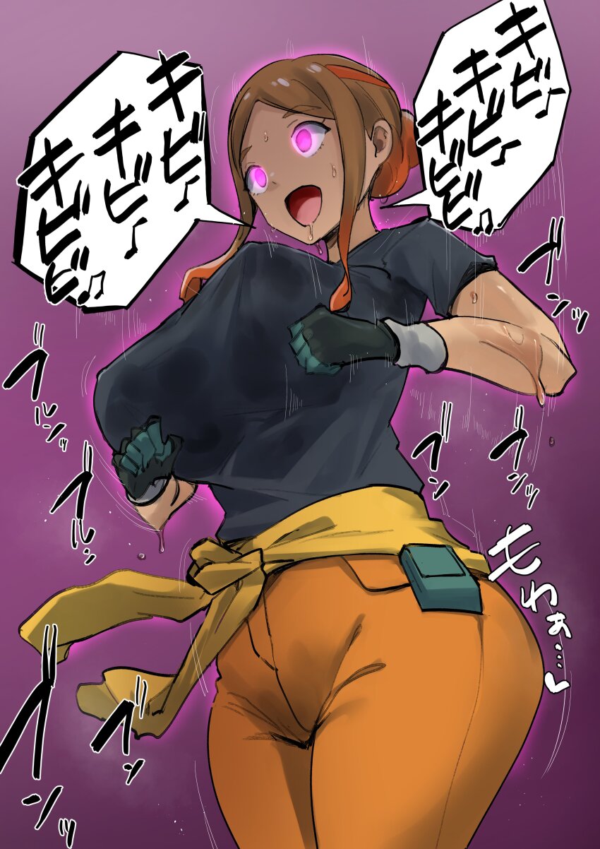 artist_request breasts brown_hair chicken_pose erect_nipples erect_nipples_under_clothes femsub gloves glowing glowing_eyes happy_trance huge_breasts japanese_text long_hair mochi_dance multicolored_hair nintendo open_mouth orange_hair orla_(pokemon) pokemon pokemon_(anime) purple_eyes shirt smile solo text