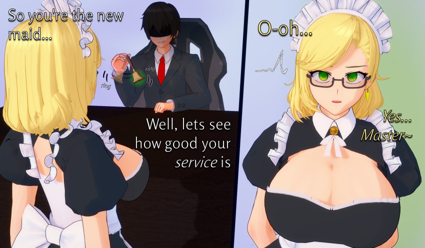 3d absurdres bell black_hair blonde_hair business_suit cleavage clothed dialogue earrings expressionless femsub green_eyes huge_breasts koikatsu! maid maid_headdress maledom original sequence short_hair sitting standing text thehguy veronica_nightingale_(majinsfw)