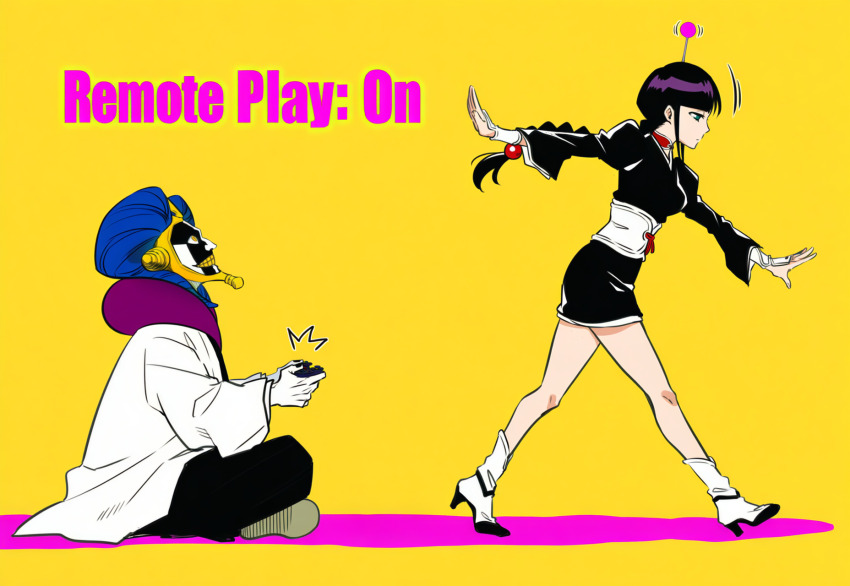 ai_art antenna black_hair bleach body_control braid clothed crossed_legs english_text expressionless femsub game_controller hellsing002_(generator) high_heels maledom mayuri_kurotsuchi nemu remote_control simple_background sitting tech_control text yellow_background