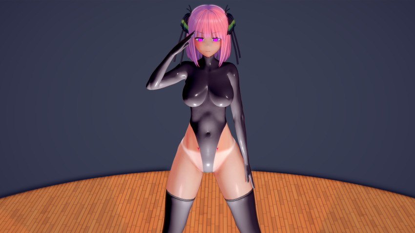 3d crotch_tattoo empty_eyes female_only femsub glowing glowing_eyes hair_ornament koikatsu! leotard moppukyunu nino_nakano pink_eyes pink_hair rubber saluting short_hair solo standing standing_at_attention tan_lines tan_skin tattoo the_quintessential_quintuplets