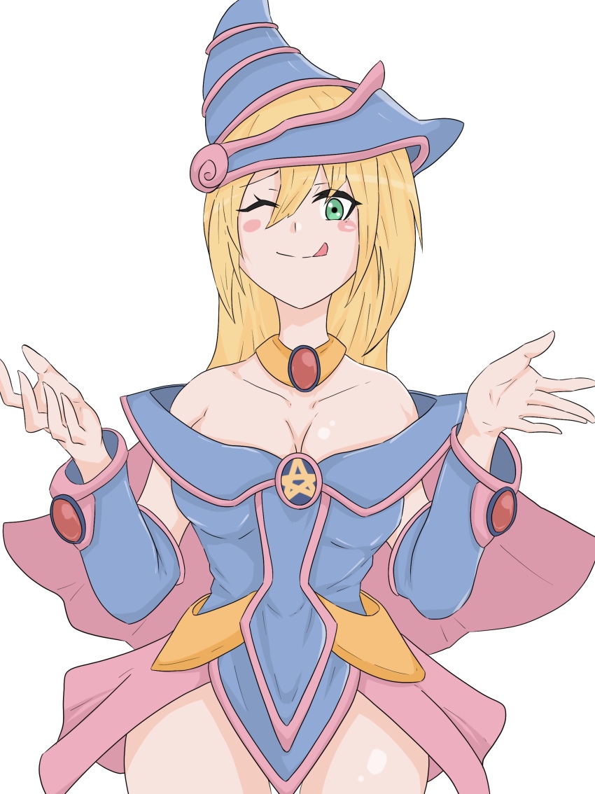 bare_shoulders blonde_hair breasts chihiro choker cleavage dark_magician_girl femsub happy_trance hat long_hair looking_at_viewer maledom nightmare_penguin one_eye_open possession smile tongue tongue_out yu-gi-oh!