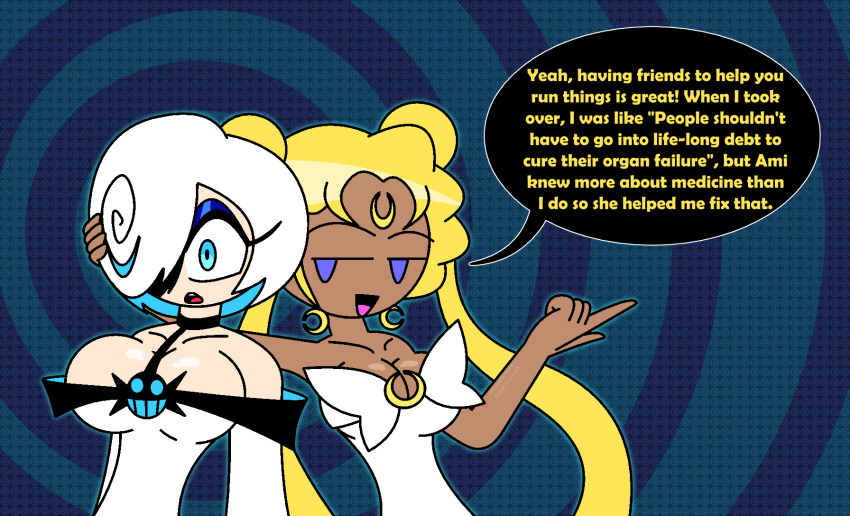 aged_up alternate_costume bare_shoulders blonde_hair blue_eyes choker cleavage collarbone dark_skin dress earrings empty_eyes english_text eyebrows_visible_through_hair eyelashes eyeshadow facial_markings female_only femdom femsub hair_covering_one_eye hand_on_head hypnoscream large_breasts multicolored_hair open_mouth politics purification ring_background sage_(sonic_frontiers) sailor_moon sailor_moon_(series) shiny_hair shiny_skin shrunken_irises simple_background smile smug sonic_frontiers sonic_the_hedgehog_(series) speech_bubble standing surprised twintails