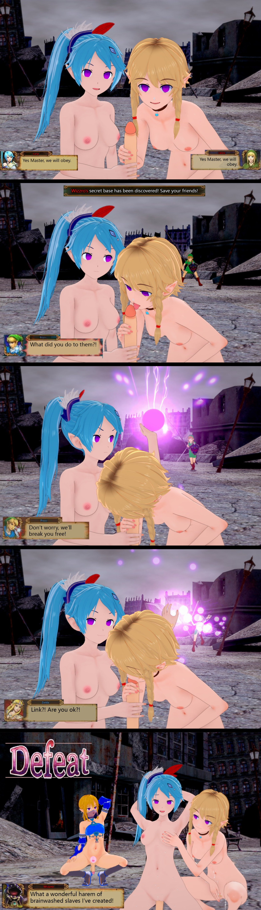 absurdres angry blonde_hair blue_hair breasts dialogue elf elf_ears english_text fellatio femboy femsub harem_outfit hypnotic_magic hypnotic_magic_(artist) hyrule_warriors lana_(zelda) link linkle maledom malesub multiple_girls multiple_subs nintendo nipples nude oral penis pink_eyes princess_zelda proxi sequence sex shield short_hair squatting sword text the_legend_of_zelda vaginal weapon wizzro