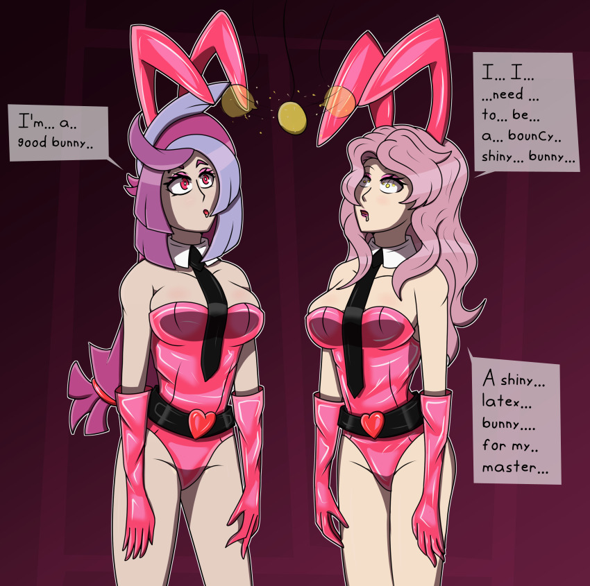 absurdres bare_legs belt black_clover bunny_ears bunny_girl bunnysuit cleavage dialogue drool emma_bessho empty_eyes eyeshadow fake_animal_ears gloves hair_ornament hy2300 large_breasts latex leotard lipstick long_hair open_mouth opera_gloves pendulum pink_eyes pink_hair pink_lipstick purple_hair shrunken_irises speech_bubble standing text vanessa_enoteca very_long_hair yellow_eyes yu-gi-oh! yu-gi-oh!_vrains