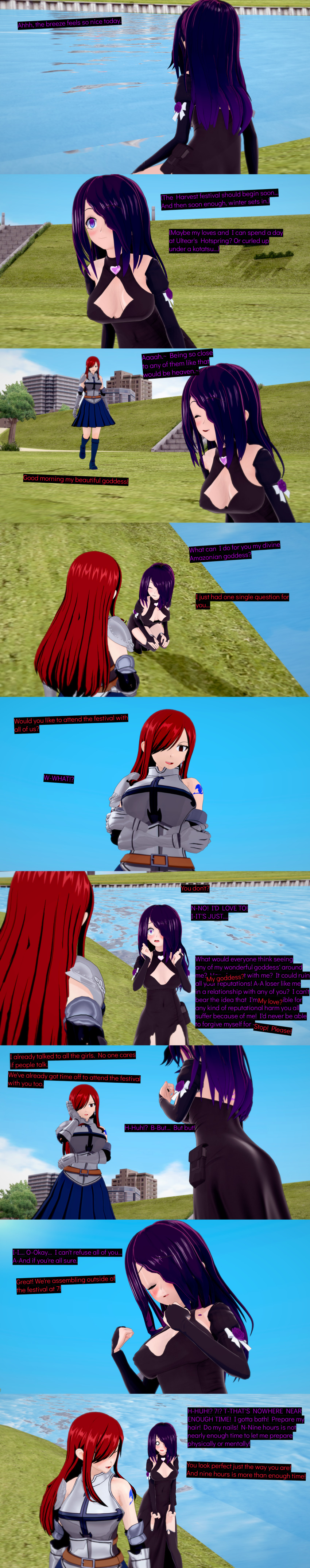 absurdres black_eyes black_hair blue_eyes blush closed_eyes clothed cyanstargazer dialogue english_text erza_scarlet fairy_tail female_only femdom femsub freckles hair_covering_one_eye multicolored_eyes multiple_girls pink_eyes red_hair text whitewash_eyes