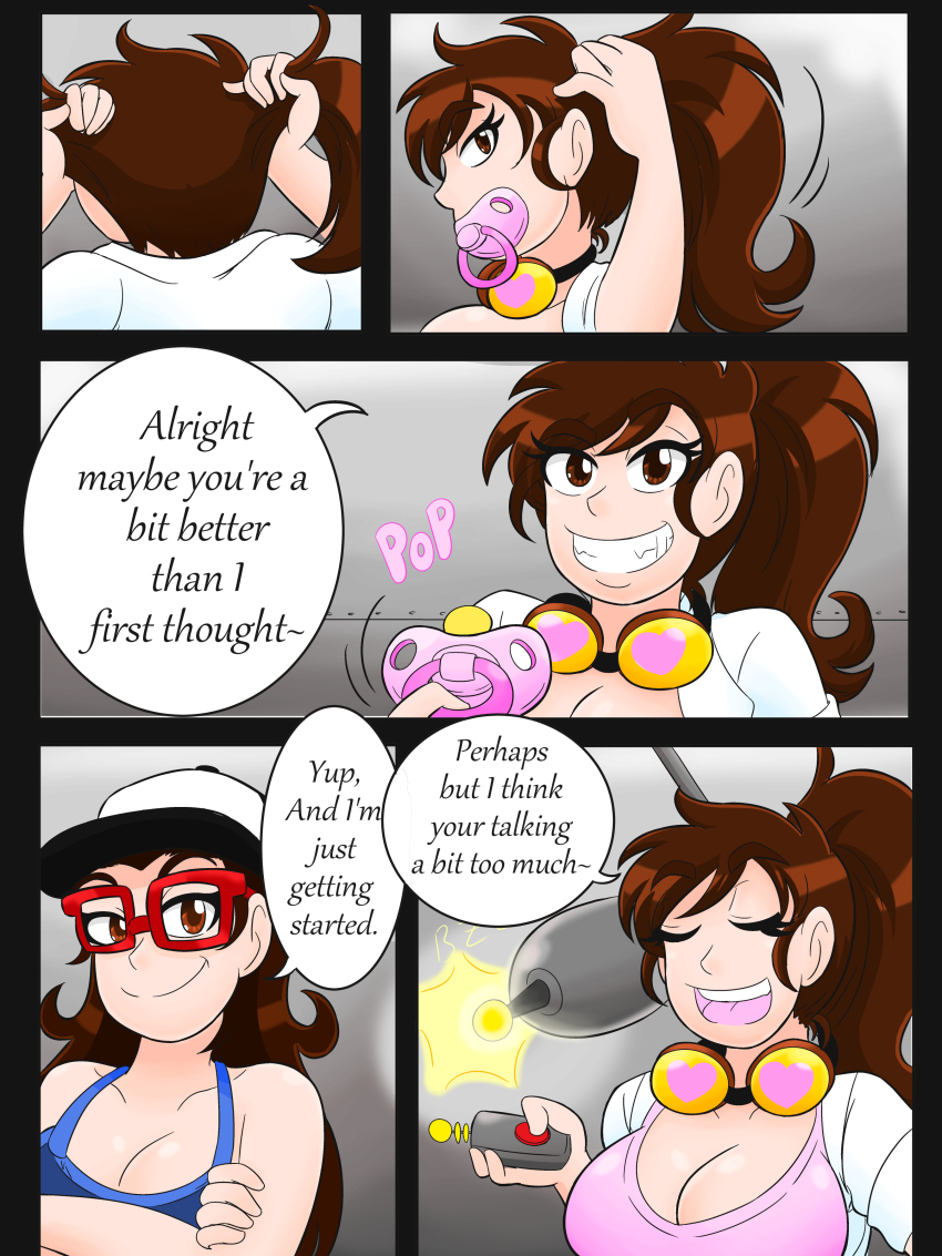 brown_hair cleavage comic dialogue glasses goggles hat kobi94 lab_coat large_breasts long_hair pacifier ponytail raygun remote_control speech_bubble text