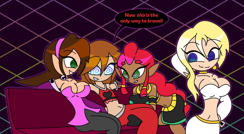 aged_up alternate_costume arms_above_head arms_behind_back blonde_hair breasts breath_of_the_wild brown_hair capcom choker crossover dancer dancing dark_skin dialogue disney earrings english_text femdom gerudo happy_trance harem_outfit hypnoscream kingdom_hearts large_breasts long_hair looking_back makeela_riju malesub megaman_(series) megaman_legends_(series) midriff multiple_doms namine navel nintendo red_hair sitting smile sora speech_bubble square_enix tears_of_the_kingdom text the_legend_of_zelda tron_bonne