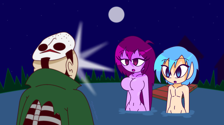 ahoge alternate_color_scheme alternate_hair_color blue_eyes blue_hair boyfriend_(friday_night_funkin&#039;) collarbone crossover empty_eyes expressionless eyebrows_visible_through_hair femsub friday_night_funkin&#039; friday_the_13th girlfriend_(friday_night_funkin&#039;) hypnoscream hypnotic_eyes jason_voorhees maledom malesub multiple_subs navel nightmare_fuel nude open_mouth purple_eyes purple_hair purple_skin shiny_hair shiny_skin simple_background topless water