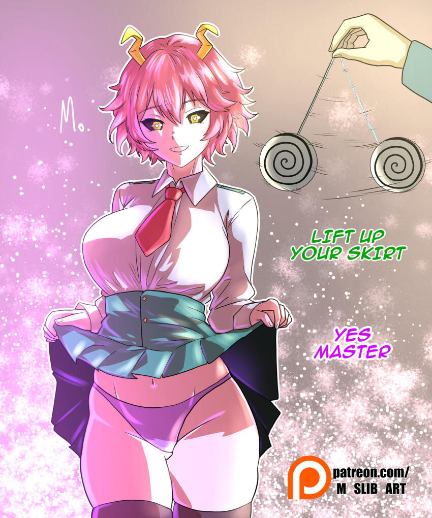 black_sclera breasts clothed clothed_exposure english_text female_only femsub heart heart_eyes horns huge_breasts large_breasts looking_at_viewer maledom mina_ashido mslib my_hero_academia navel panties pendulum pink_hair short_hair simple_background skirt skirt_lift smile symbol_in_eyes text thick_thighs thighhighs thighs tie yellow_eyes
