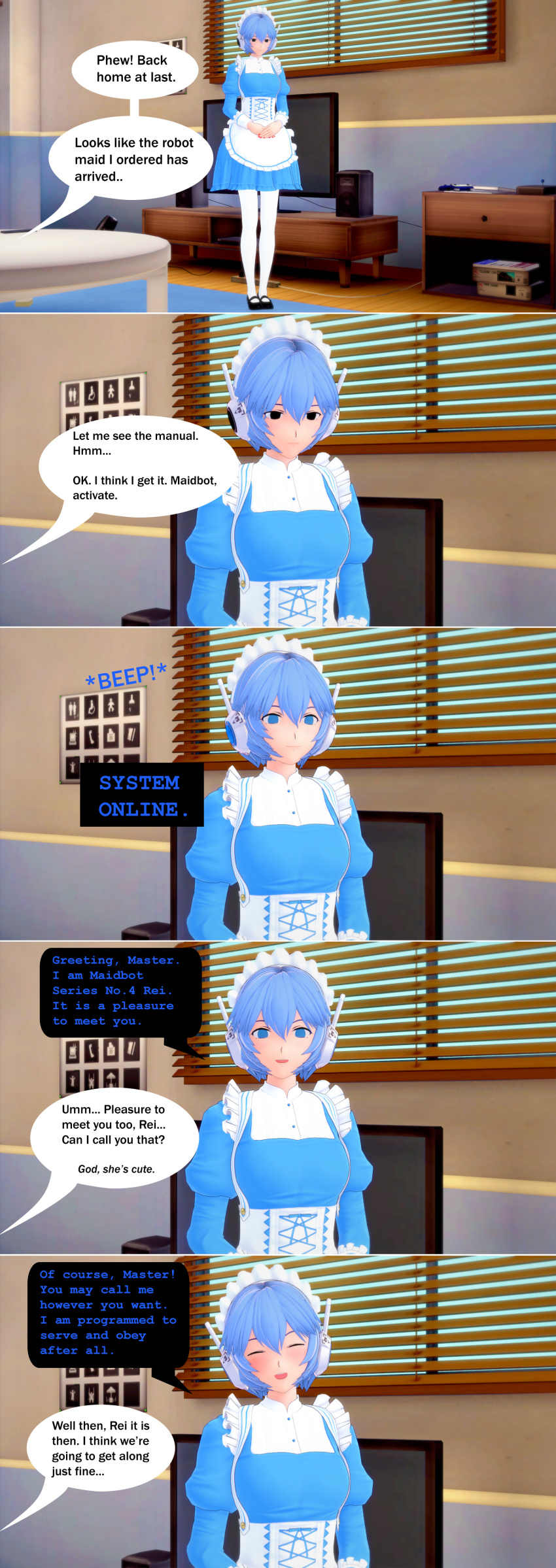 3d antenna blue_hair comic dialogue empty_eyes fembot femsub happy_trance maid maid_headdress maledom neon_genesis_evangelion rei_ayanami short_hair tech_control text yb1999