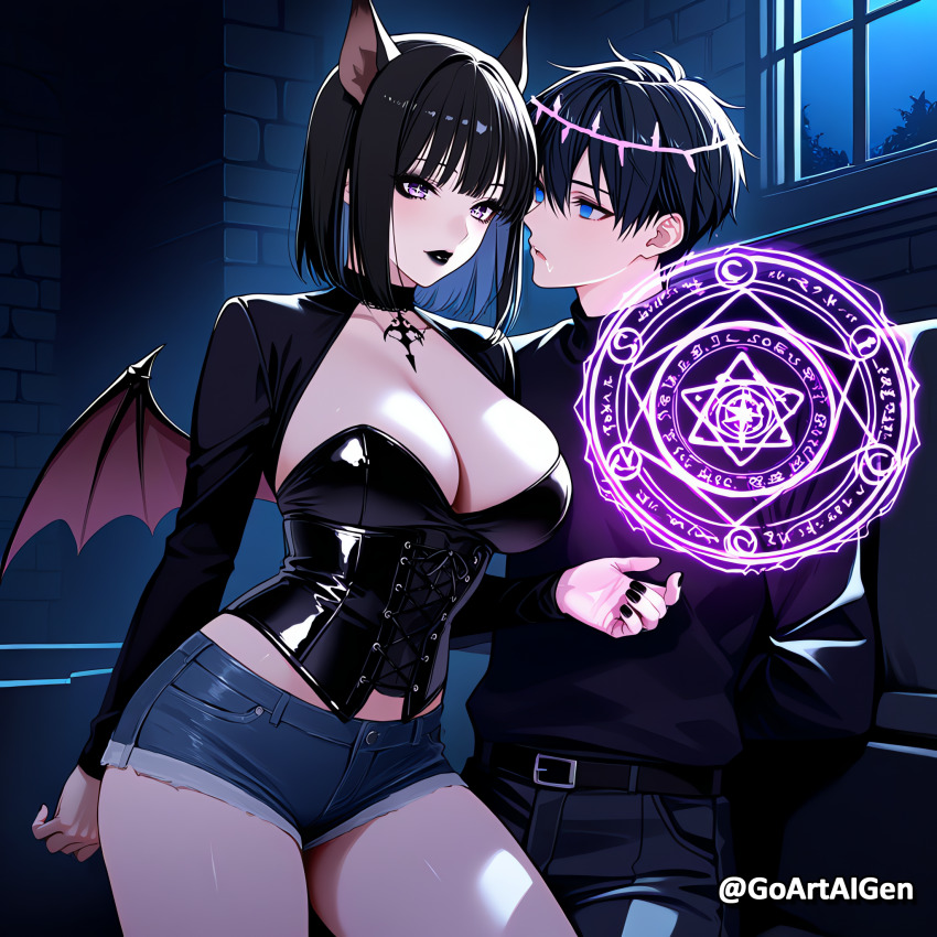 ai_art bat_girl bat_wings black_hair blue_eyes corset empty_eyes femdom goaa112_(generator) goth magic magic_circle malesub purple_eyes short_hair shorts tagme