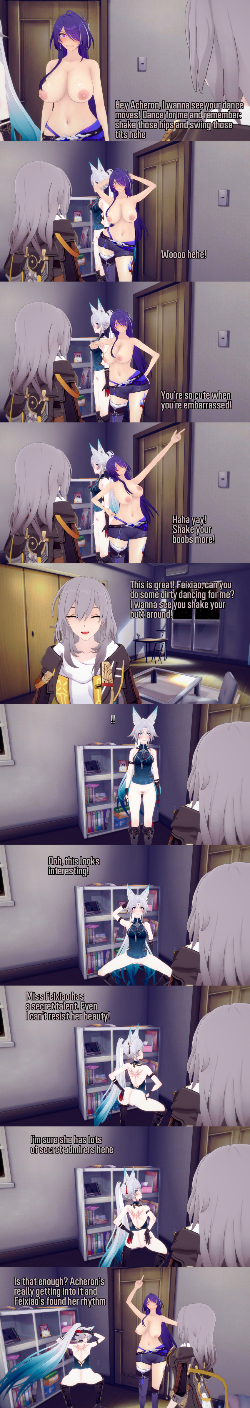 absurdres acheron_(honkai_star_rail) angry animal_ears arms_above_head ass aware bed bedroom body_control bottomless breasts brown_hair clothed dancing dialogue embarrassed english_text feixiao_(honkai_star_rail) female_only femdom femsub fox_ears fox_girl fox_tail from_behind grey_hair hair_covering_one_eye honkai_star_rail humiliation long_hair multiple_girls multiple_subs nipples nude pink_eyes pubic_hair purple_hair short_hair stelle_(honkai_star_rail) tail text topless white_hair zenin1