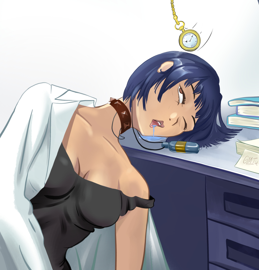 blue_hair coat doctor drool eye_roll femsub glatu jewelry lab_coat pendulum persona_(series) persona_5 pocket_watch short_hair sleepy tae_takemi