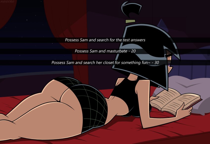 absurdres ass bare_shoulders bed bedroom black_hair book danny_phantom_(series) english_text goth large_ass lying migirider nickelodeon purple_eyes sam_manson text