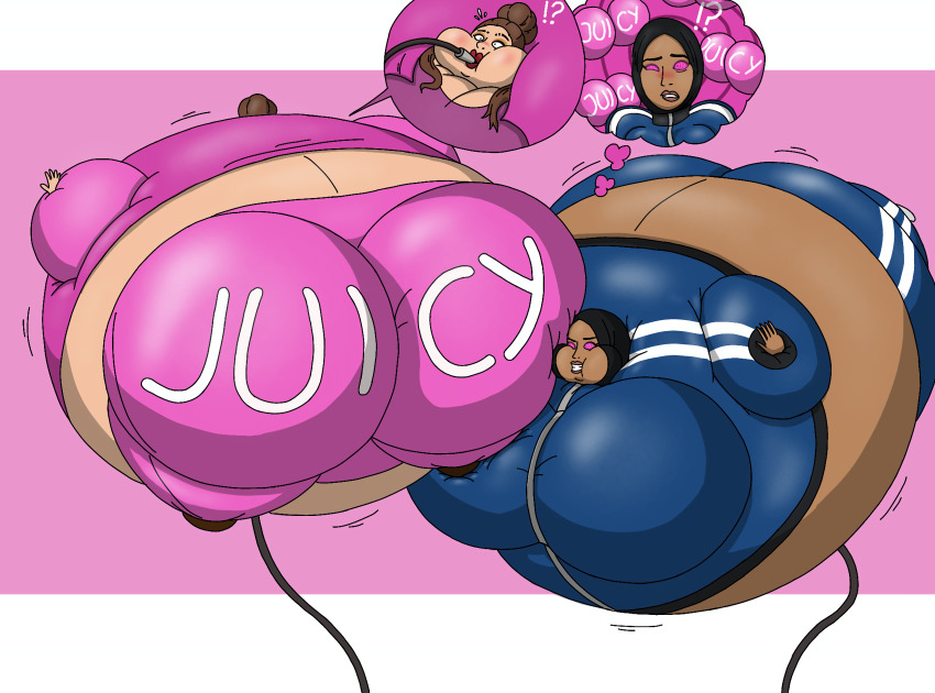 balloon blush brown_hair chav dark_skin female_only femsub happy_trance hijab huge_ass huge_breasts hypnotic_ass inflation lowri_lushe_(sleepyheadrequiem) multiple_girls naila_(pumpedup00) original pumpedup00 spiral_eyes thought_bubble tracksuit white_background