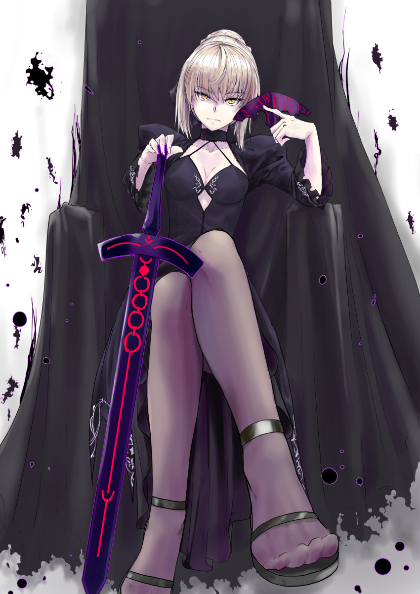 alternate_color_scheme alternate_costume artoria_pendragon aura clothed corruption costume crossed_legs dress expressionless eye_color_change fate/grand_order fate/stay_night fate/stay_night_heaven's_feel fate_(series) feet femsub foot_focus hair_color_change high_heels king legs looking_at_viewer mask pantyhose platinum_blonde_hair queen royalty saber_alter shoes short_hair sitting sword weapon zooanime