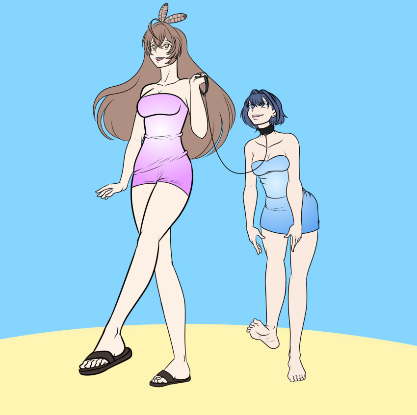 bangs beach blue_eyes blue_hair brown_eyes brown_hair cleavage clothed collar dress empty_eyes feet female_only femsub hair_ornament happy_trance hololive hololive_english katsiika kronii_ouro leash long_hair multiple_girls mumei_nanashi open_mouth sandals short_hair smile virtual_youtuber