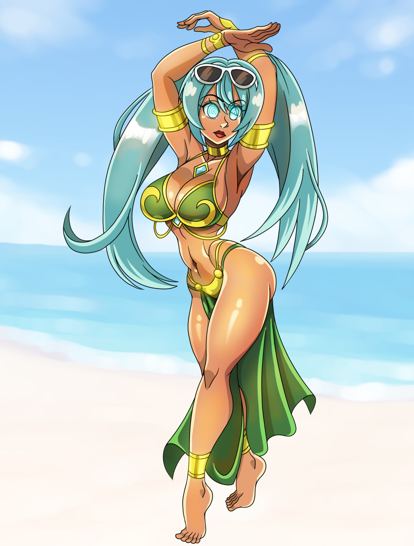 alternate_costume arm_bands barefoot beach blue_eyes blue_hair brazilian_miku breasts cleavage dancing expressionless female_only femsub glasses glasses_on_head glowing_eyes harem_outfit large_breasts long_hair miku_hatsune outdoors slave_bikini solo spiral_eyes standing sunglasses tan_skin tiptoes twintails vocaloid zorro-zero