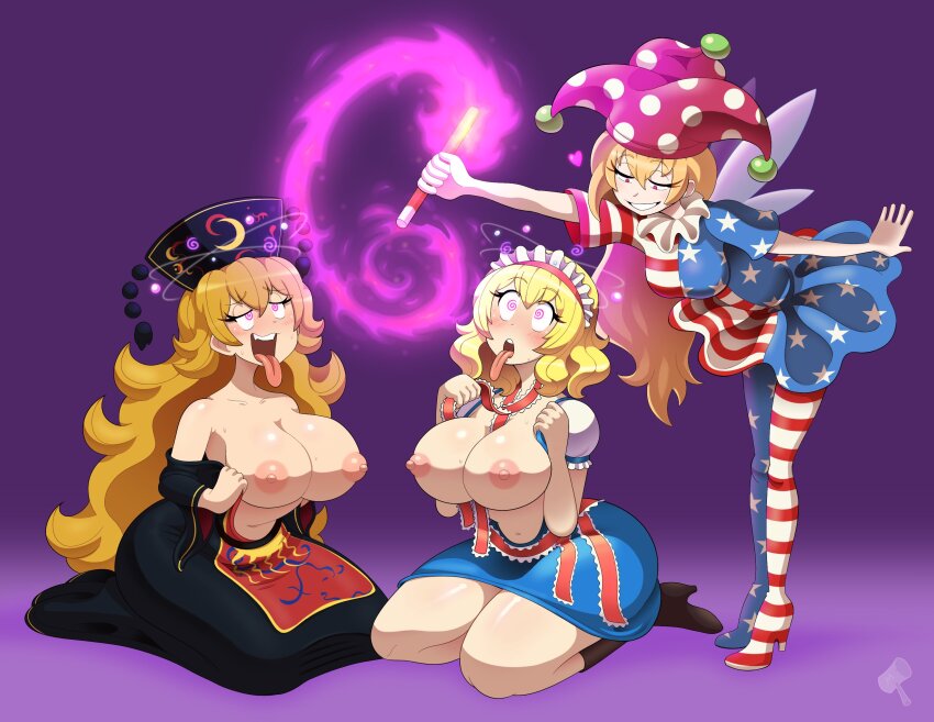 alice_margatroid bare_shoulders blonde_hair blush clothed_exposure clown clown_girl clownpiece dazed erect_nipples exposed_chest femdom femsub hair_ornament happy_trance hat high_heels junko_(touhou) kneeling large_ass large_breasts large_hips megamallet open_mouth orange_hair pink_eyes red_eyes smile spiral spiral_eyes striped_panties sweat thick_thighs tongue tongue_out topless touhou undressing wide_hips