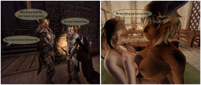 3d bottomless breasts clockworkjenna collaboration collaborative_paizuri collar femsub group_sex jedi_mind_trick maledom nude paizuri penis screenshot text the_elder_scrolls the_elder_scrolls_v threesome topless