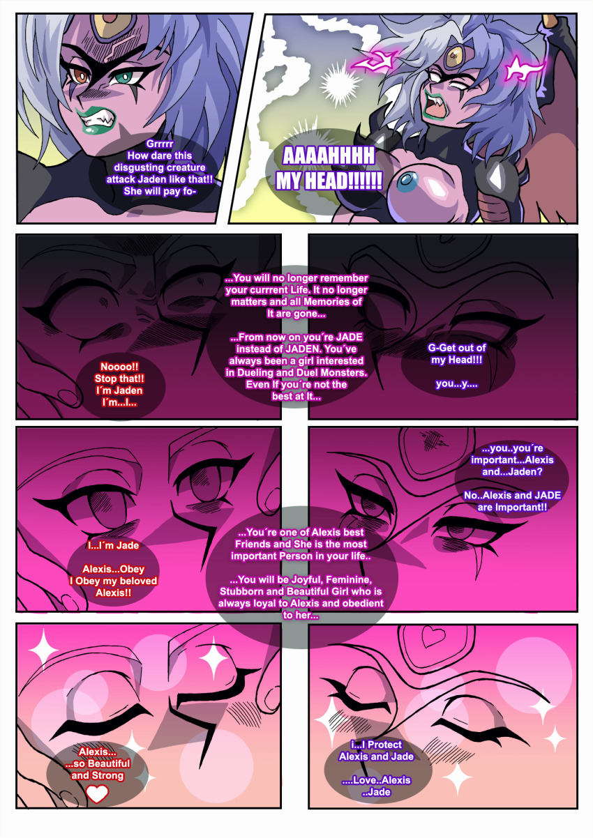 breasts comic empty_eyes femdom feminization happy_trance jaden_yuki memory_alteration pink_skin schlumper text transformation transgender yu-gi-oh! yu-gi-oh!_gx yubel