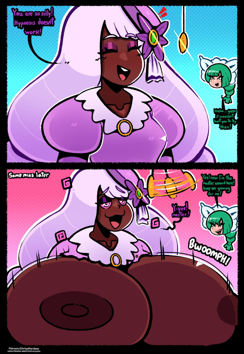 breast_expansion breasts collarbone dark_skin dialogue dress evil_smile exposed_chest eyelashes eyeshadow female_only femdom femsub green_hair huge_breasts hyper_breasts jacinthe_(pokemon) lebanne_(pokemon) maid_headdress nintendo open_mouth pendulum pink_eyes pokemon pokemon_legends_z-a ponytail spiral text thehornyzen white_hair