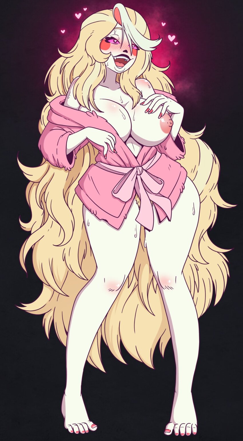 bimbofication blonde_hair blush breasts breasts_outside charlie_(hazbin_hotel) clothed clothed_exposure dialogue english_text female_only femsub hazbin_hotel heart heart_eyes long_hair nipples pink_eyes robe solo symbol_in_eyes text wrenzephyr2