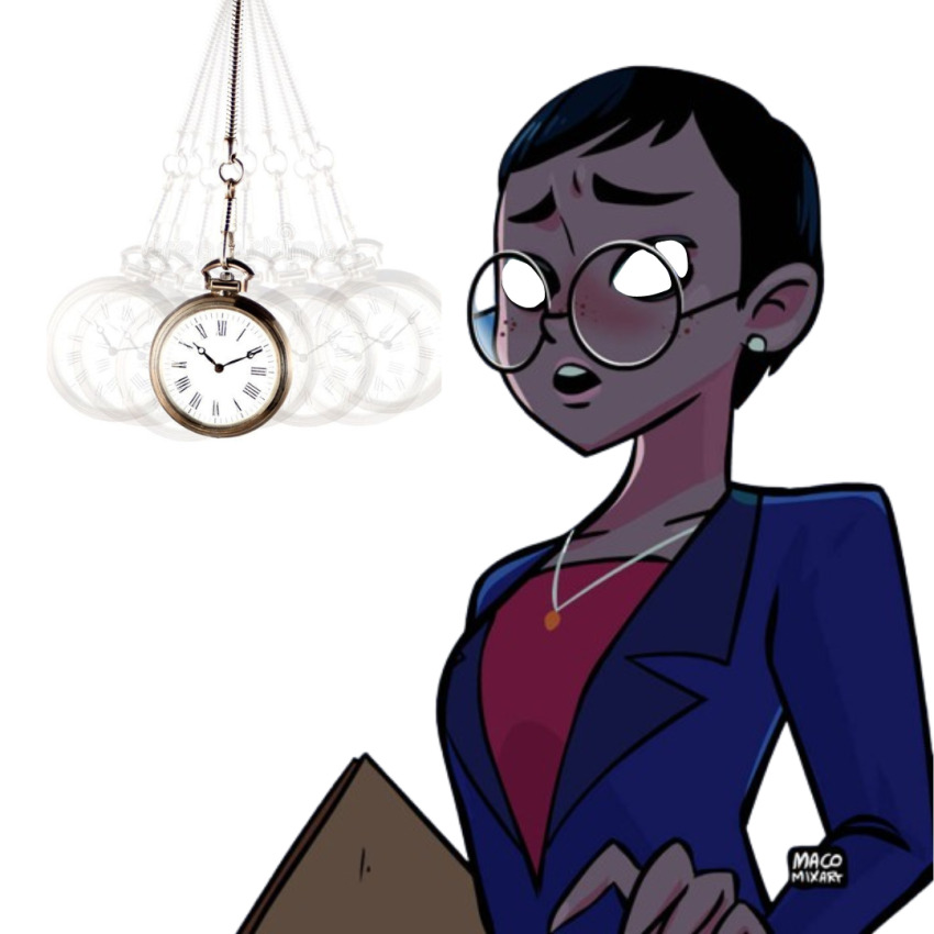 black_hair blush breasts business_suit carmen_sandiego clothed earrings female_only femsub freckles glasses jewelry julia_argent_(carmen_sandiego) necklace open_mouth pendulum pocket_watch short_hair signature simple_background solo white_background whitewash_eyes zupern0va_(manipper)