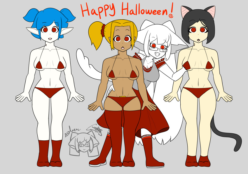 bikini bite_mark black_hair blonde_hair blue_hair boots breast_grab breasts cat_ears cat_girl cat_tail cleavage dress dwarf dwarf_girl elf elf_ears expressionless fangs femdom femsub gin_(sobergin) glasses groping halloween happy_trance large_breasts long_hair multiple_girls multiple_subs original pale_skin red_eyes short_hair signature sobergin socks spiral_eyes standing standing_at_attention tan_skin tank_top text thick_thighs thighhighs thighs twintails vampire white_hair white_skin