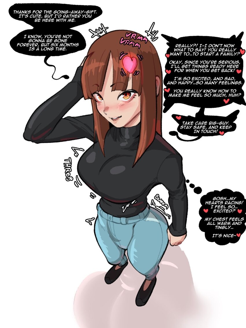 bimbofication brown_eyes brown_hair clothed dialogue female_only femsub frozenaardvark glowing hand_on_head heart hypnotic_accessory looking_at_viewer maledom pants sequence simple_background smile solo speech_bubble standing sweater text thought_bubble white_background