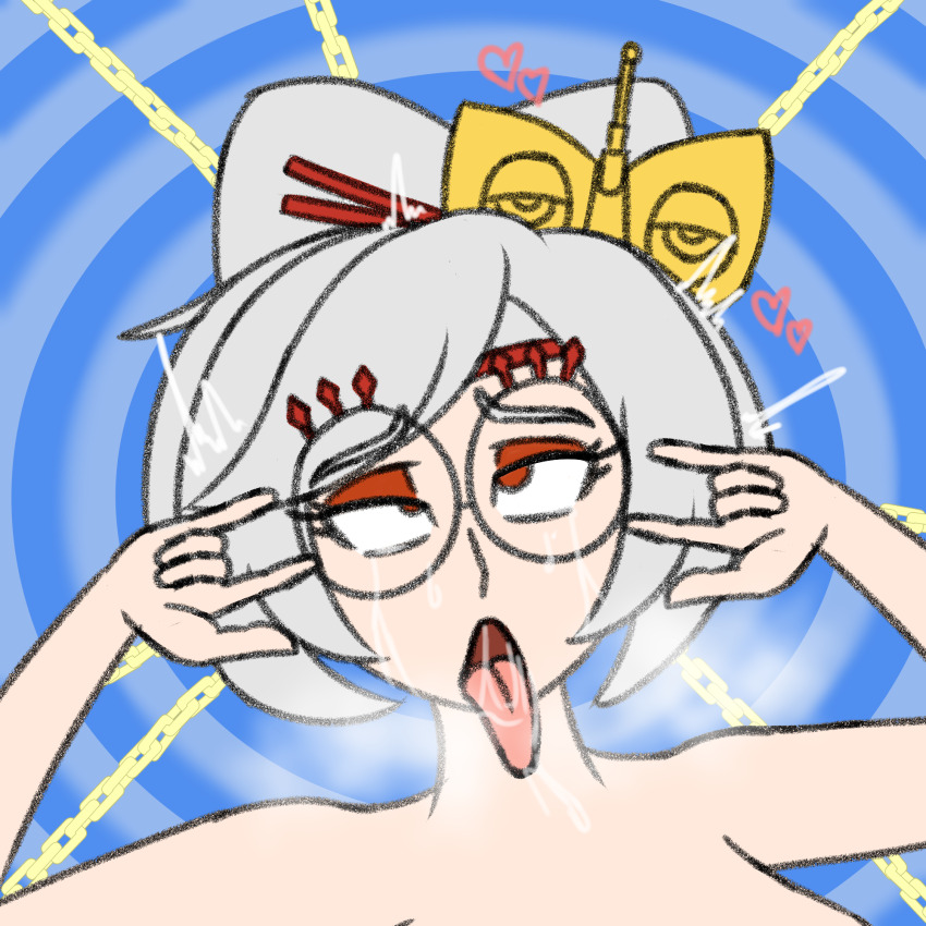 ahegao breath_of_the_wild chains drool glasses hair_ornament heart nintendo orgasm purah red_eyes short_hair silver_hair spiral_background tears_of_the_kingdom tech_control the_legend_of_zelda time_stop usakiki