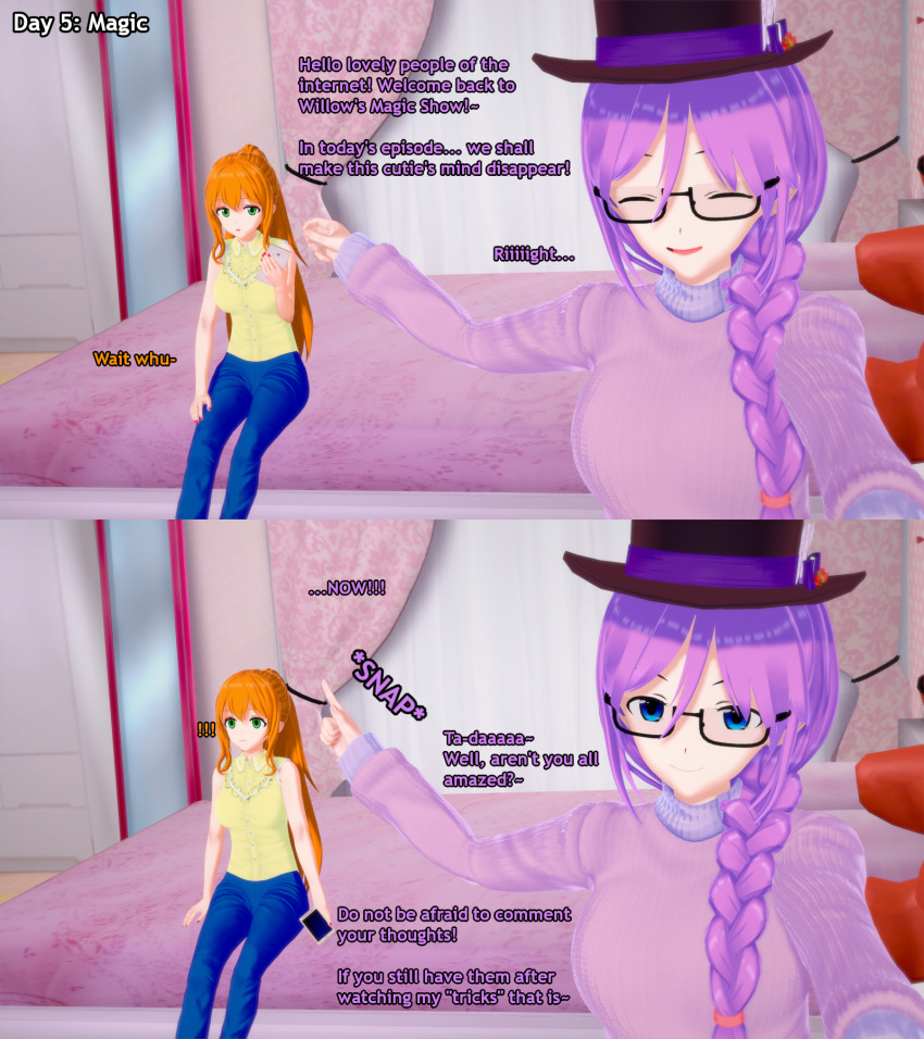 3d blue_eyes dialogue empty_eyes english_text expressionless femdom femsub finger_snap freckles glasses green_eyes hailey_(liz_b) happy_trance hypnovember koikatsu! liz_b magician orange_hair original ponytail purple_hair sweater text top_hat willow_(liz_b)