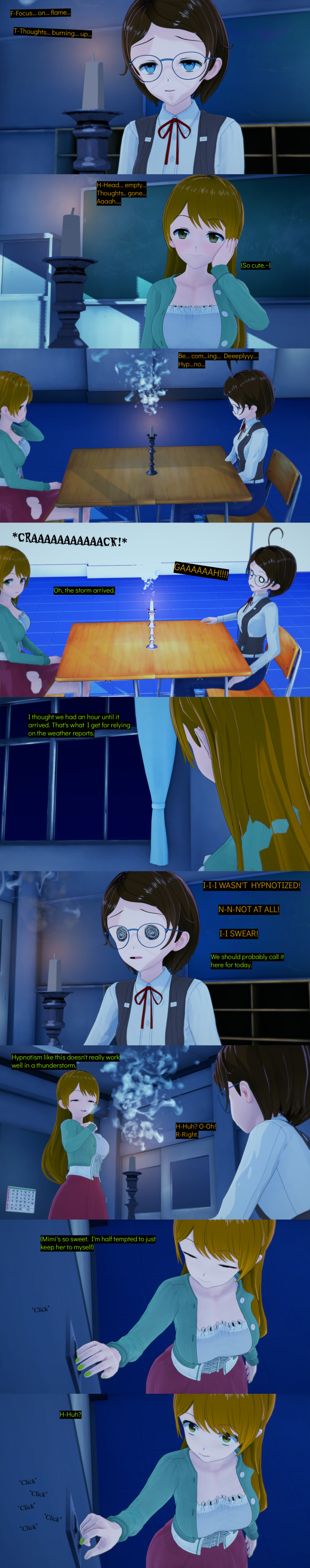 absurdres ahoge blue_eyes brown_hair candle citrus_(cyanstargazer) closed_eyes cyanstargazer dialogue english_text female_only femdom femsub glasses green_eyes long_hair mimi_(cyanstargazer) multiple_girls night original short_hair text whitewash_eyes