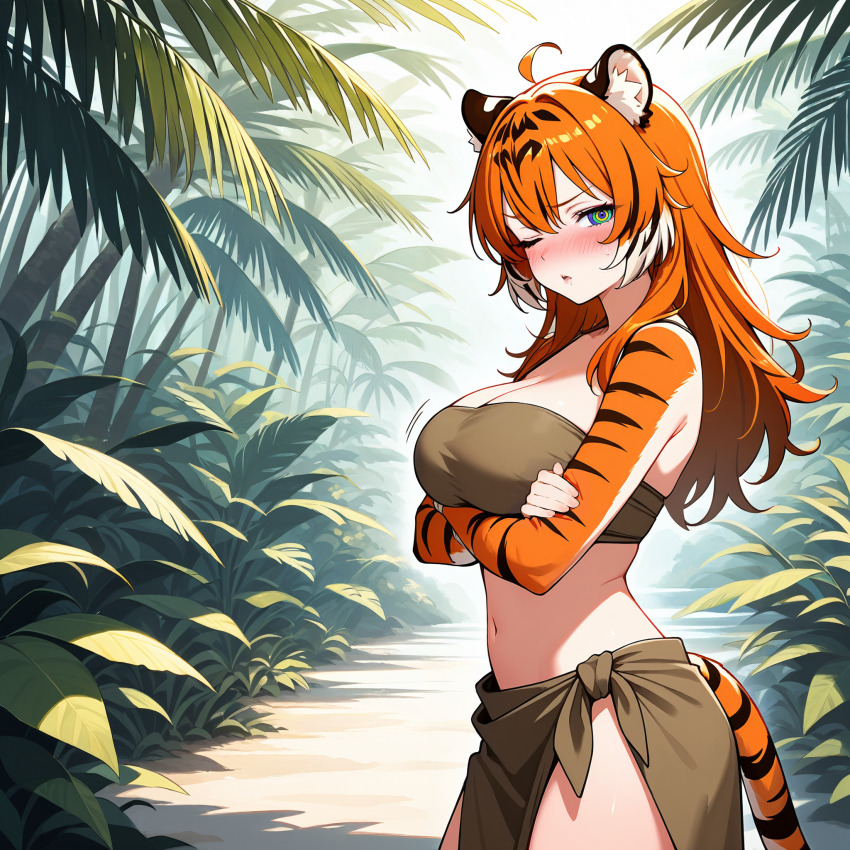 ai_art drool furry jungle kaa_eyes large_breasts resisting tagme tiger_girl