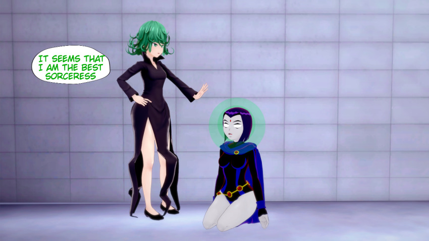 3d dc_comics dialogue femdom femsub green_hair grey_skin one_punch_man purple_hair raven takazumishan tatsumaki_(one_punch_man) teen_titans text