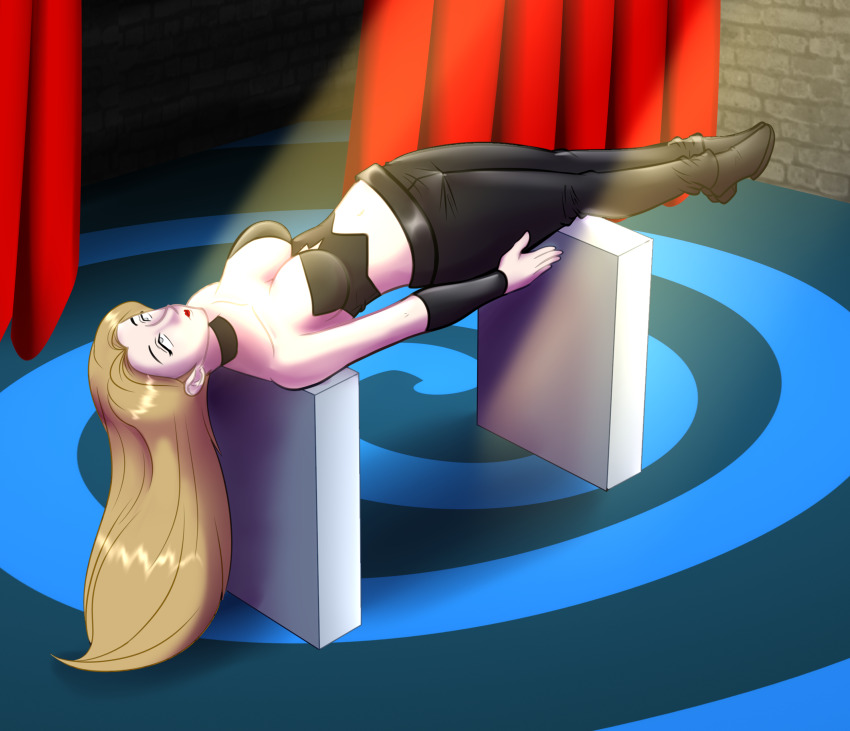 blonde_hair boots capcom catalepsy choker cleavage corset devil_may_cry empty_eyes eye_roll female_only femsub high_heels katsiika leather leggings light_skin lipstick long_hair spiral stage stage_hypnosis trish_(devil_may_cry) wrist_band