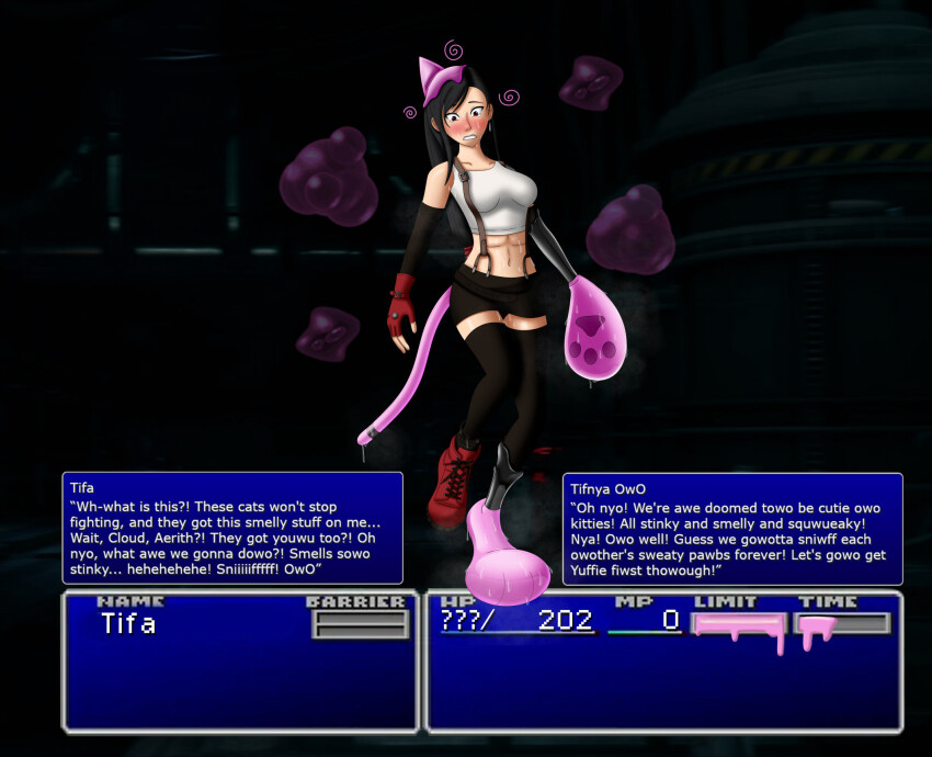 alternate_form aware black_hair blush cat_girl cat_tail corruption earrings enemy_conversion english_text femsub final_fantasy final_fantasy_vii fingerless_gloves gameplay_mechanics gloves large_breasts latex legs long_hair midriff miniskirt navel paws pink_skin short_skirt skirt slime spiral square_enix squeaky-sin sweat symbol tail tank_top text thighhighs tifa_lockhart transformation unhappy_trance