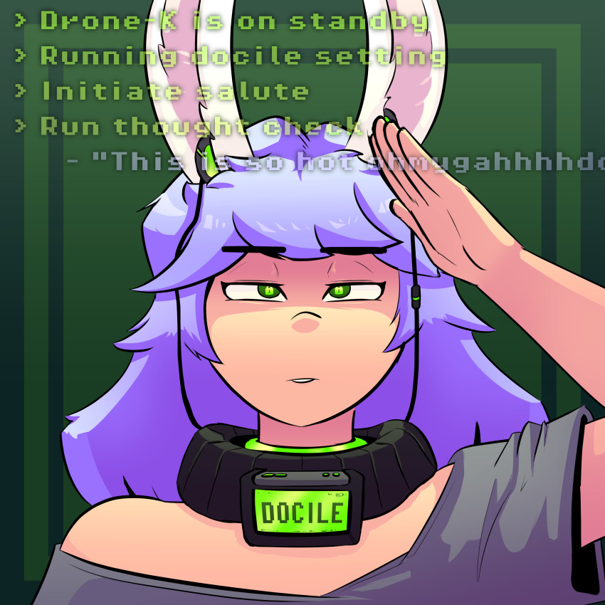 animal_ears aware brushie_art buck_teeth bunny_ears bunny_girl collar dronification earbuds expressionless female_only femsub konnie_(brushie_art) original saluting simple_background solo symbol_in_eyes tech_control text