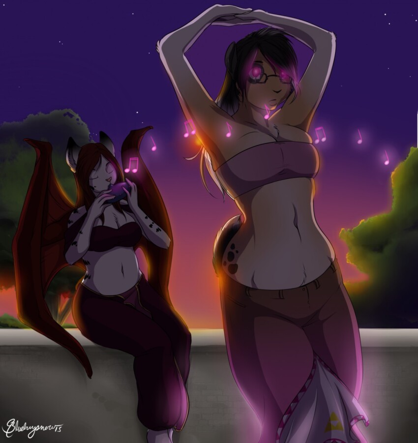 blueberrysnow brown_hair bunny_girl cat_girl dancing demon_girl female_only femdom femsub furry glasses glowing glowing_eyes hypnotic_audio hypnotic_music long_hair monster_girl multicolored_hair original red_hair white_hair wings