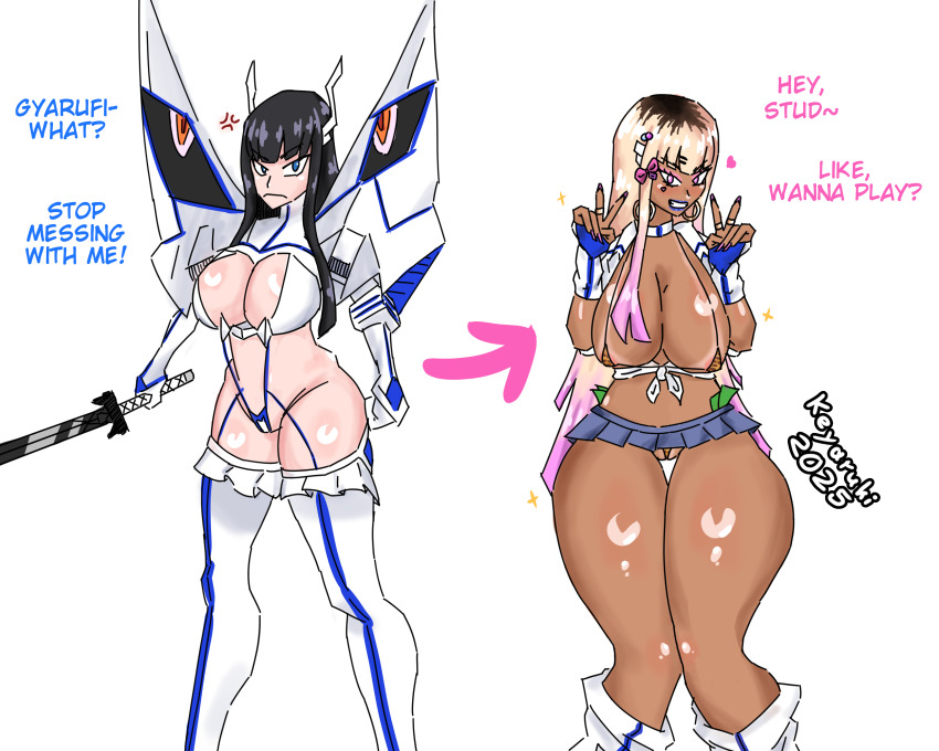 absurdres angry armor bikini bikini_armor bikini_bottom bikini_top bimbofication black_hair blonde_hair blue_eyes blue_hair breasts earrings female_only femsub ganguro gloves happy_trance heart hypnotic_accessory keyaruki kill_la_kill large_ass large_breasts large_hips leggings leopard_print long_hair long_nails micro_bikini miniskirt money multicolored_hair nipples pink_eyes pink_hair prostitution pussy ring satsuki_kiryuuin school_uniform shiny_skin shirt signature simple_background skirt solo sparkle standing sword tan_lines tan_skin thick_thighs thighhighs thighs thong transformation weapon white_background