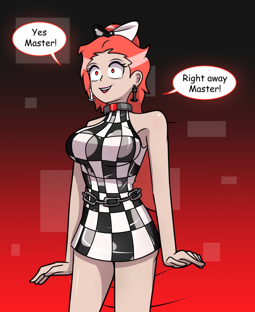 bare_legs belt bow clothed collar copyright_request dialogue dress earrings english_text female_only femsub gradient_background happy_trance hy2300 hypnotic_accessory lipstick makeup orange_hair ponytail red_eyes short_hair shrunken_irises simple_background smile solo speech_bubble standing standing_at_attention tech_control text