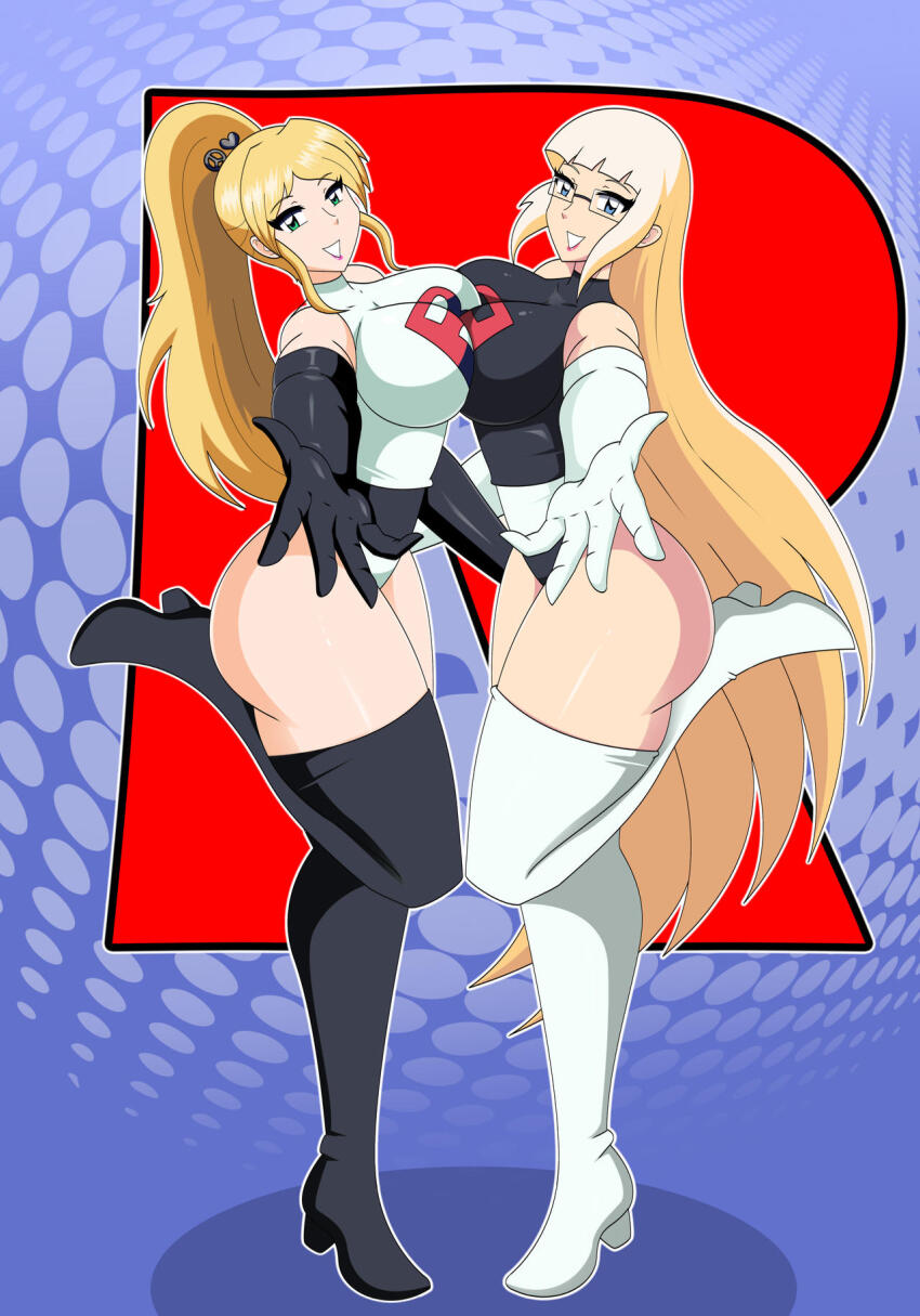 blonde_hair blue_eyes boots breasts crimson_(stepfordcrimson) dlobo777 eyebrows_visible_through_hair glasses gloves green_eyes hair_ornament heart high_heels jaclyn_(corruptionprincess) large_breasts leotard lipstick long_hair nintendo opera_gloves pokemon ponytail sisters smile team_rocket thick_thighs thigh_boots thighs tight_clothing very_long_hair